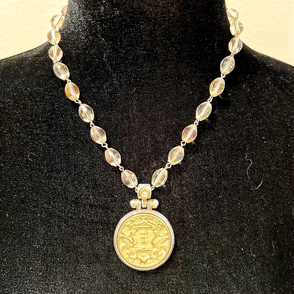 Brighton Lucia Rosary Beaded Necklace Two Tone Medallion Chunky Retired AB Beads